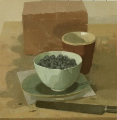 Blueberries in a Bowl with Red Cup, Knife, and Brick