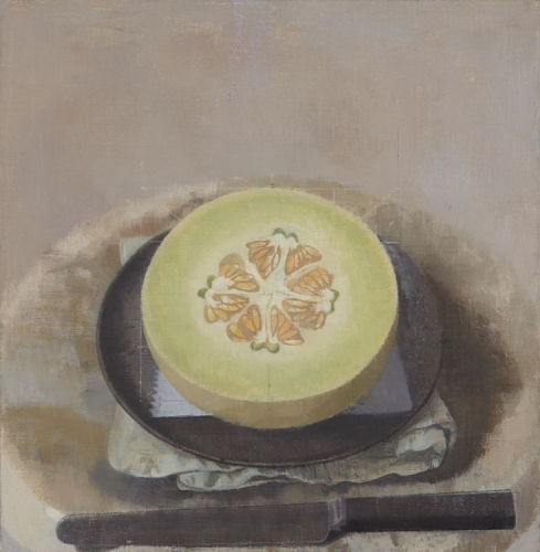 Susan Jane Walp, Melon Sliced Open on a Black Plate with Knife, 2015